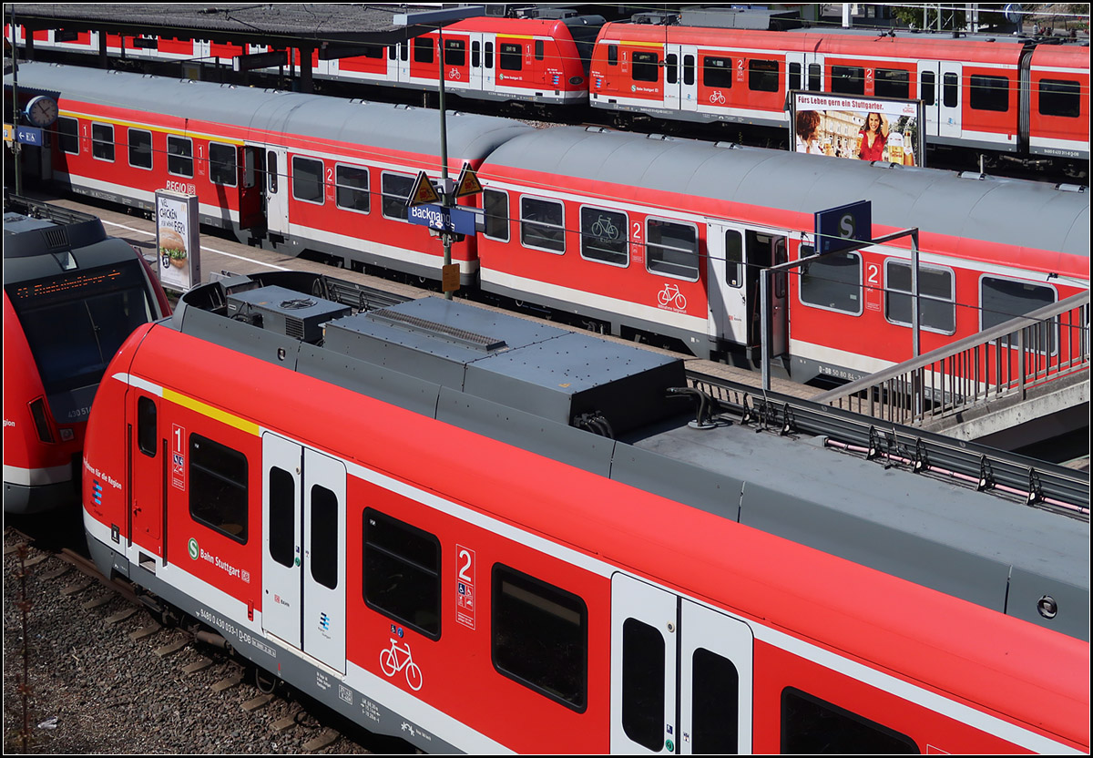 Ich seh rot -

Blick über im Bahnhof Backnang stehende Züge. Die N-Wagen des RE werden flankiert von S-Bahnzügen der Baureihe 430 auf der S3 (vorne) und der Baureihe 423 auf der S4 (hinten).

09.04.2017 (M)