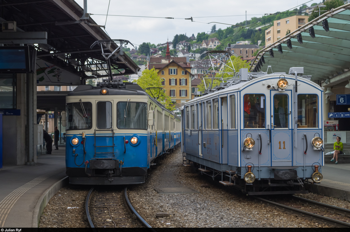 Im Bahnhof Montreux kommt es am 16. Mai 2015 zu einem Zusammentreffen des historischen BCFe 4/4 11 mit dem MOB ABDe 8/8 4004.