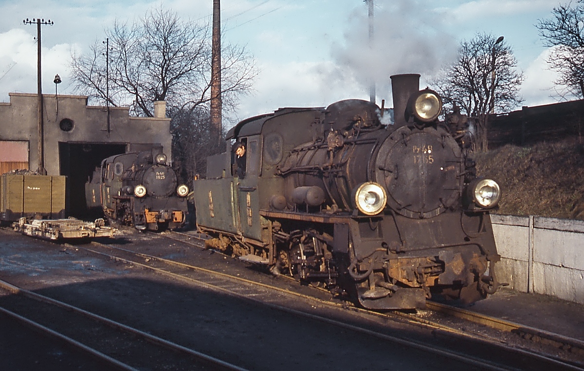 Im Februar 1989 stehen Px48 1765 und 1925 vor dem Lokschuppen in Gniezno/Gnesen