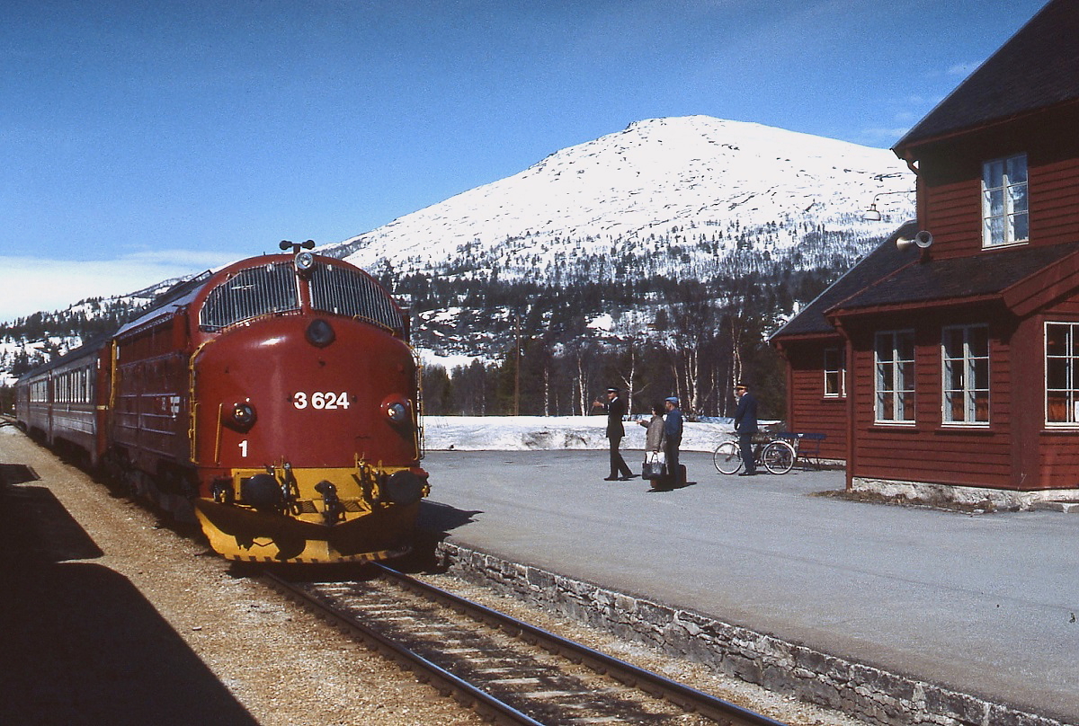 Im Mai 1988 trifft die Di 3a 3.624 mit ihrem Personenzug von Andalsnes nach Dombas im Bahnhof Bjorli auf den Gegenzug