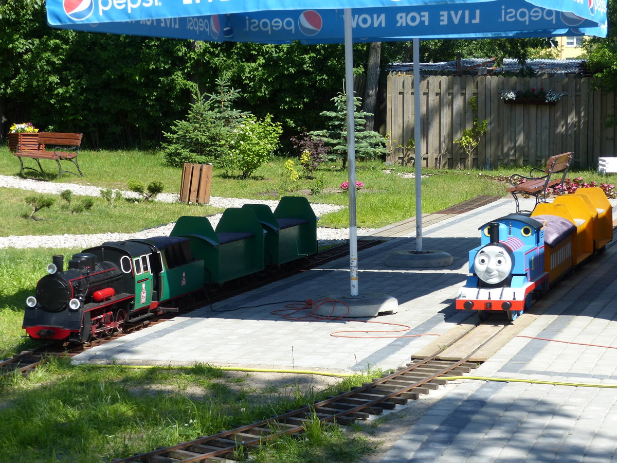Im Park Miniatur i Kolejek in Dziwnw hat man zum mitfahren die Wahl zwischen einem Zug mit der Dampflok  3916  oder einem Zug, der mit  Thomas  bespannt ist; 09.06.2017