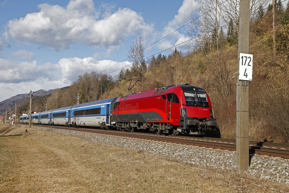Im Südbahnkilometer 172,4 (nahe Mixnitz- Bärenschützklamm) zieht die 1216.230 Railjet 71 Richtung Süden. Das Bild entstand am 30.01.2018.