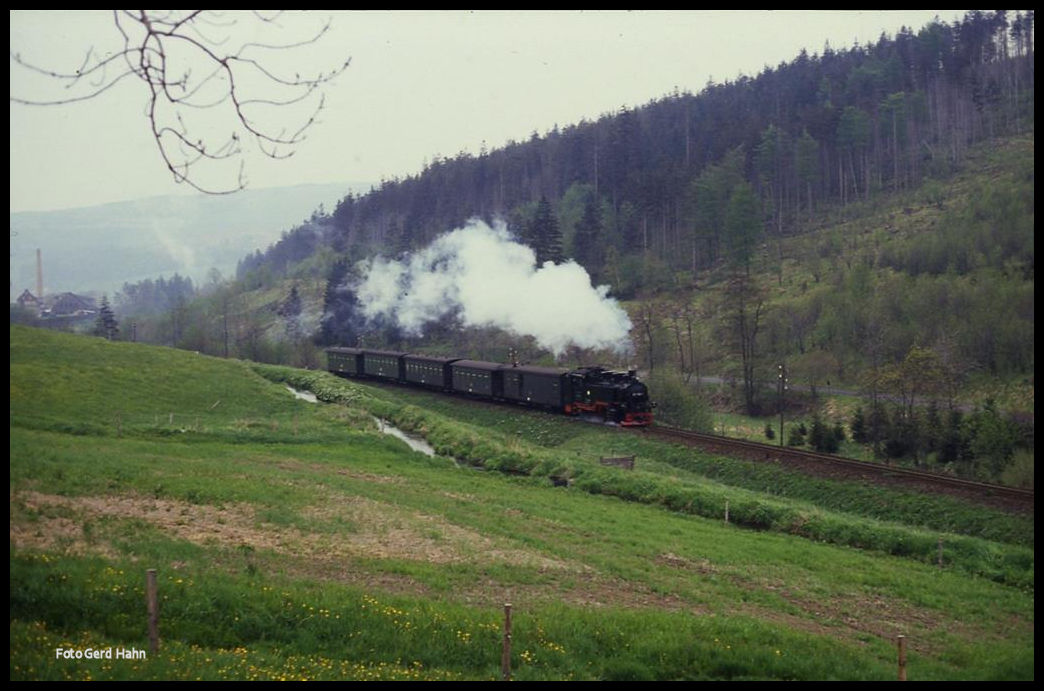 Im Taleinschnitt zwischen Tschechien und Deutschland ist hier am 6.6.1991 auf dem Teilstück der Fichtelbergbahn von Hammerunterwiesenthal kommend die 991788 mit ihrem Personenzug nach Oberwiesenthal unterwegs.