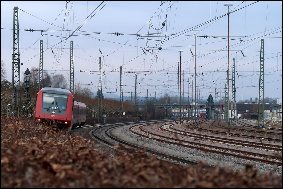 Immer an der Hecke lang -

Einfahrt eines IRE-Triebzuges der Baureihe 611 in den Bahnhof Radolfzell.

10.02.2018 (M)
