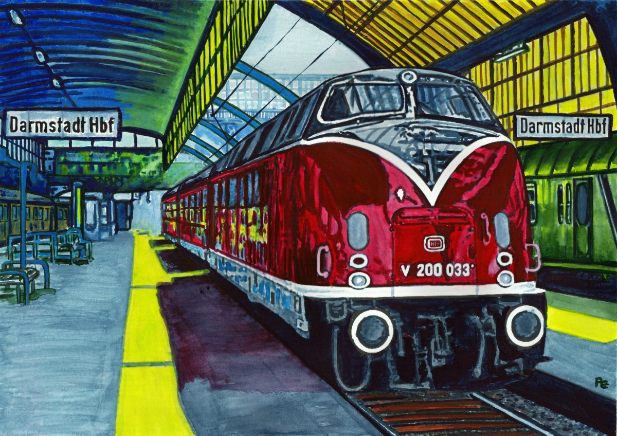Immer wieder mal kommt die V200 033 der Hammer Eisenbahnfreunde in den Süden Deutschlands für Sonderfahrten. So auch im Mai 1989 als sie zum Eisenbahnfest in Darmstadt Kranichstein angereist war. 

Dieses Aquarell basiert auf einem Foto von Andreas Rossel.
