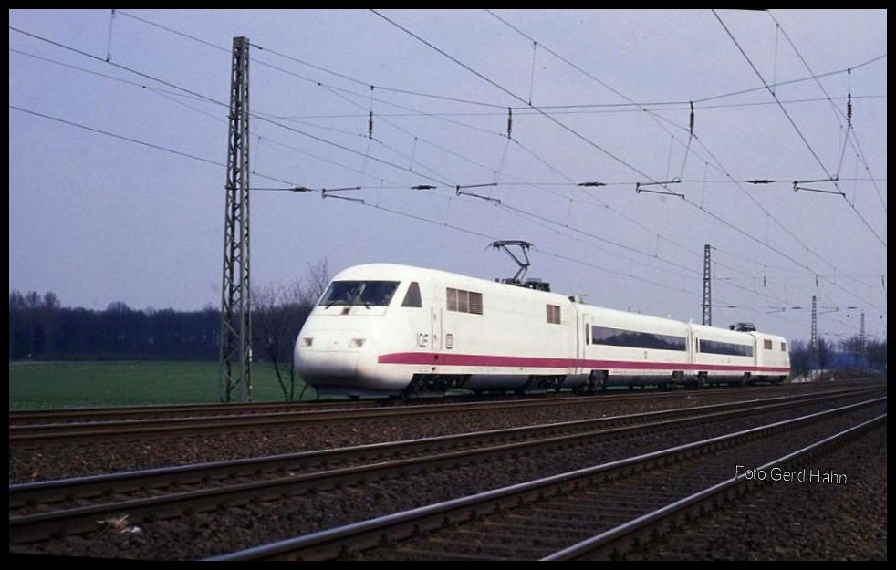 Intercity Experimental 410001 bei Testfahrten am 9.4.1992 bei Neubeckum mit Fahrtrichtung Hamm.