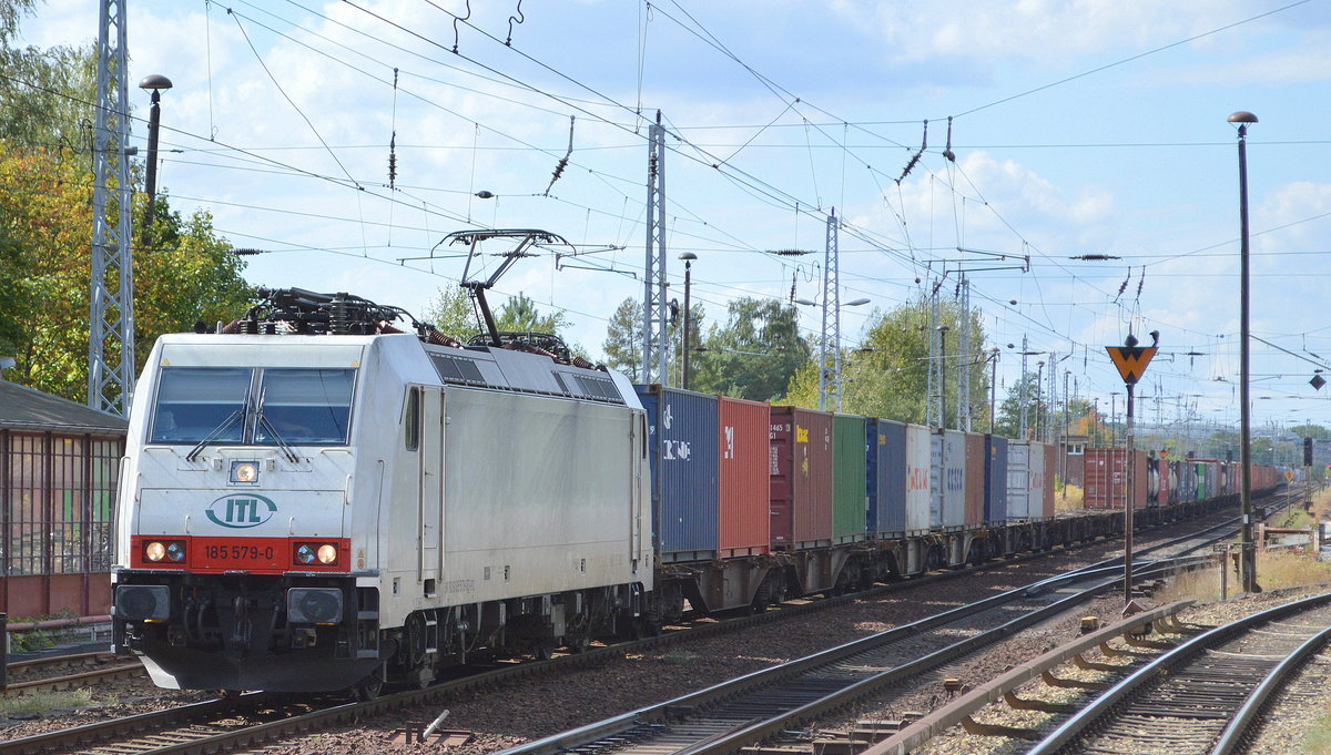 ITL - Eisenbahngesellschaft mbH mit  185 579-0  [NVR-Number: 91 80 6185 579-0 D-ITL) und Containerzug am 12.09.18 Richtung Frankfurt/Oder in Berlin-Hirschgarten.
