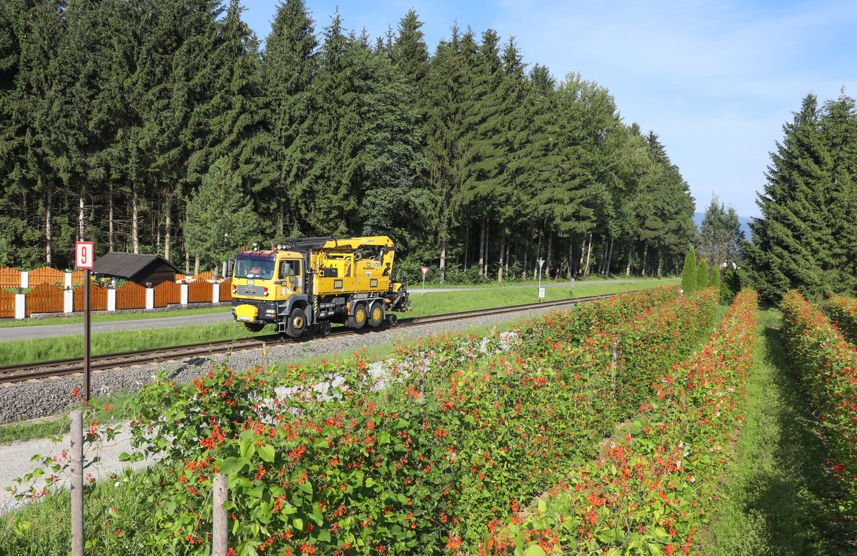 Jedes Böhnchen ein Tönchen ?? 

99819903001-1 war in den letzten Tagen am Netz der Graz Köflacher Eisenbahn unterwegs um dem Unkraut Herr zu werden. 
5.Juli 2018 bei Sankt Peter im Sulmtal