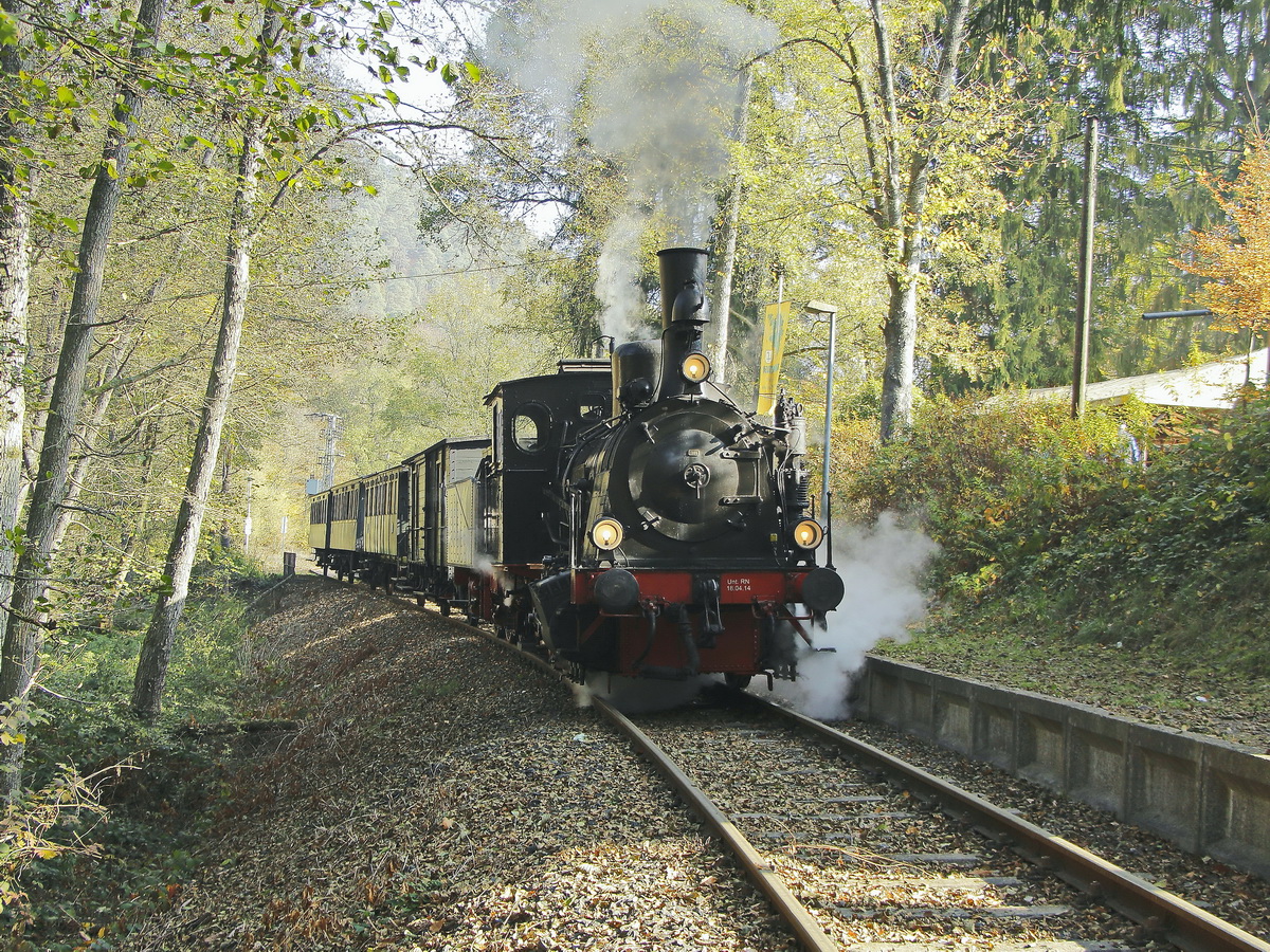 Kuckucksbähnel mit der Lokomotive Speyerbach  in Breitenstein am 20. Oktober 2018 gesehen vom Wanderweg.