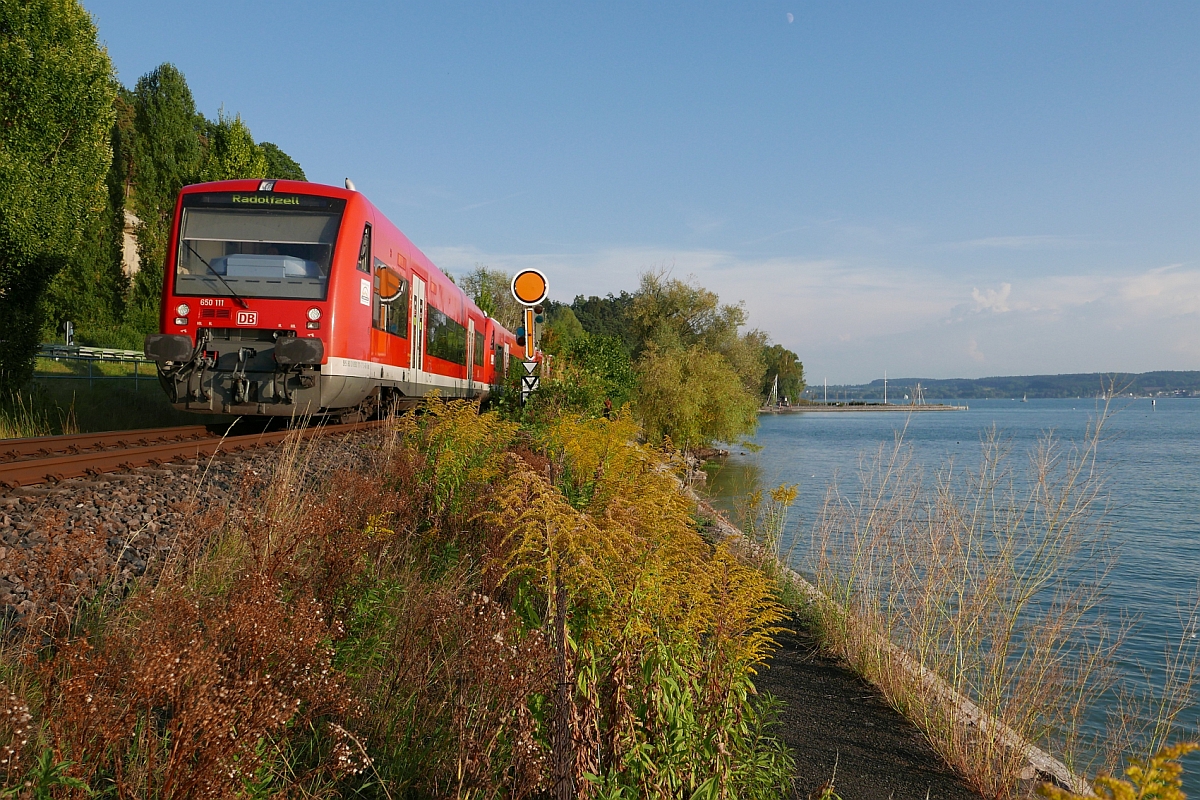 Kurz nach der Abfahrt im Bahnhof berlingen-Therme fahren der aus Friedrichshafen kommende 650 111 und zwei weitere Regioshuttle am 10.09.2016 als RB 22772 den Bodensee entlang nach Radolfzell.