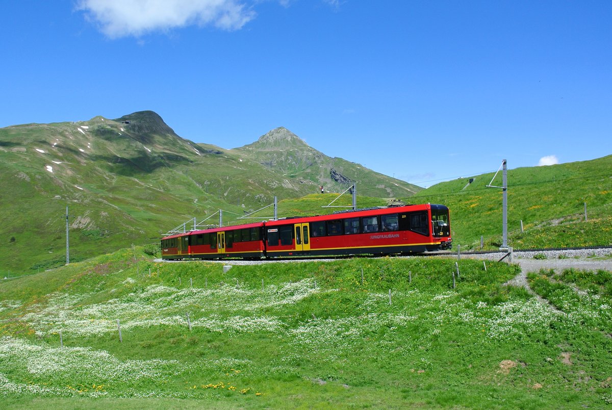 Leider war als Zusatzzug bereits einer der neuen Bhe 4/8 im Einsatz; Bhe 4/8 Nr. 221 zwischen Eigergletscher und kleine Scheidegg, 04.07.2016.
