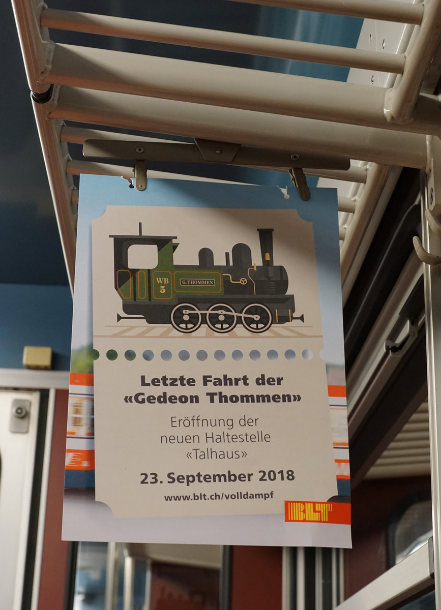 LETZTE DAMPFFAHRT DER HISTORISCHEN DAMPFLOK G 3/3 5  GEDEON THOMMEN 
vom 23. September 2018.
WALDENBURGERBAHN BLT/WB
Impressionen von diesem einmaligen und traurigen Betriebstag.
Foto: Walter Ruetsch
