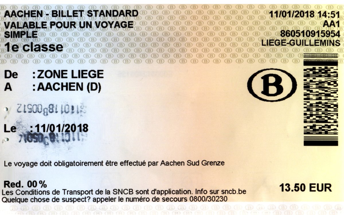 LIÈGE/LÜTTICH (Wallonie/Provinz Liège), 11.01.2018, Fahrkarte für eine einfache Fahrt in der 1.Klasse von Lüttich nach Aachen -- Fahrkarte eingescannt
