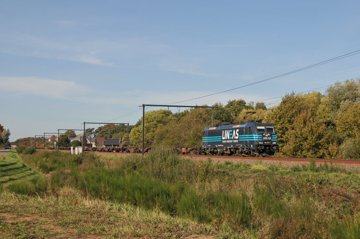 Lineas 186 293-7 zieht einen leeren Containerzug durch Lummen-Linkhout Richtung Hasselt. Aufnahme vom 13/10/2018.