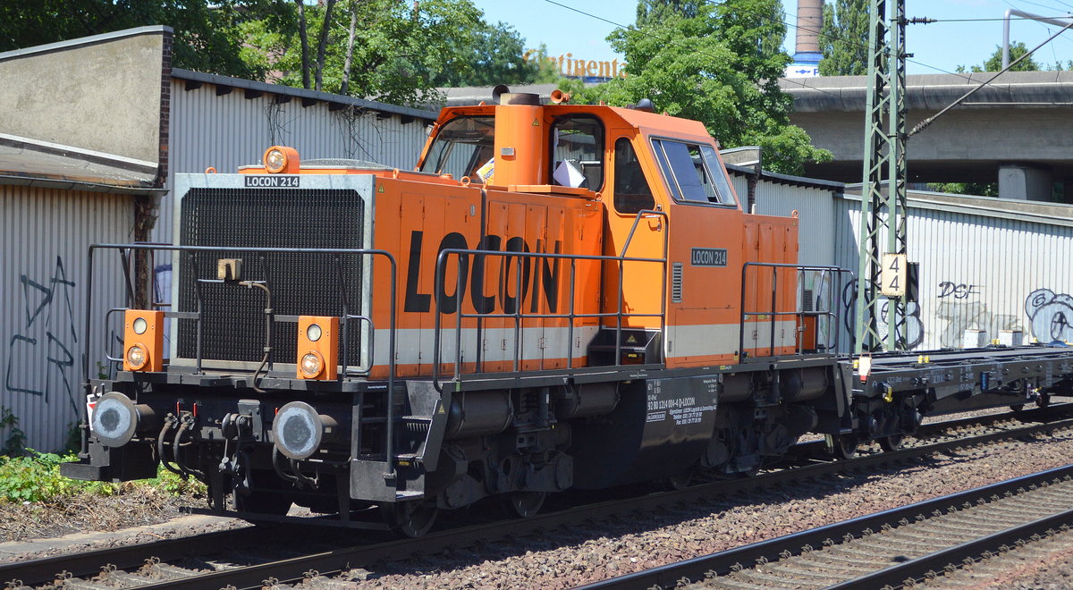 LOCON 214 (92 80 1214 004-4 D-LOCON) am 30.06.18 unterwegs mit einem Leerzug Containertragwagen Durchfahrt Bf. Hamburg-Harburg.