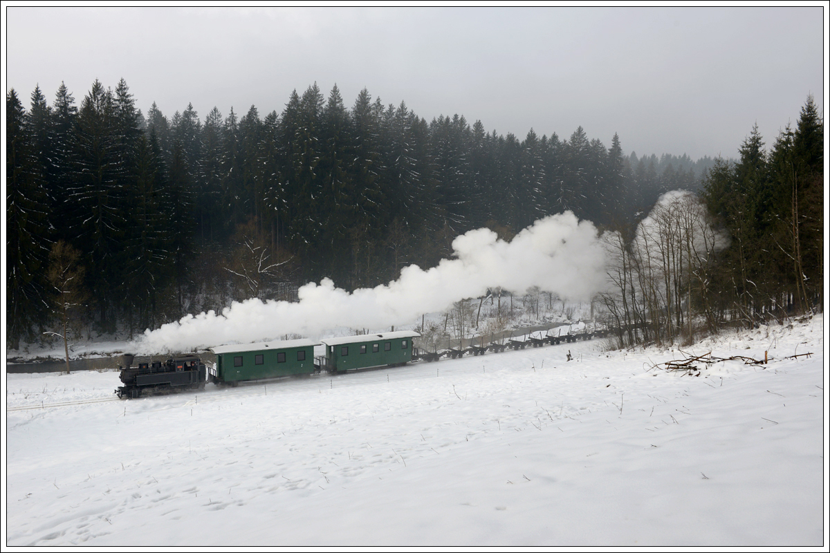 Lok 1 der Museumsbahn Čierny Balog am 28.1.2018 auf der Stichstrecke Šánské und Čierny Balog kurz nach dem aktuellen Endpunkt Šánské Richtung Čierny Balog aufgenommen.