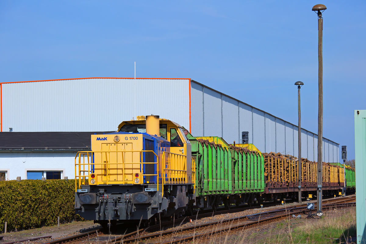 MAK 1700 der VPS  schiebt die beladenen Wagen auf das Hauptgleis, um in Richtung Pasewalk abzufahren. Dort wartet schon die Rennsteigbahn mit den nächsten Wagen zur Holzbeladung. - 23.04.2015 - Am BÜ Borkenstr. aufgenommen.