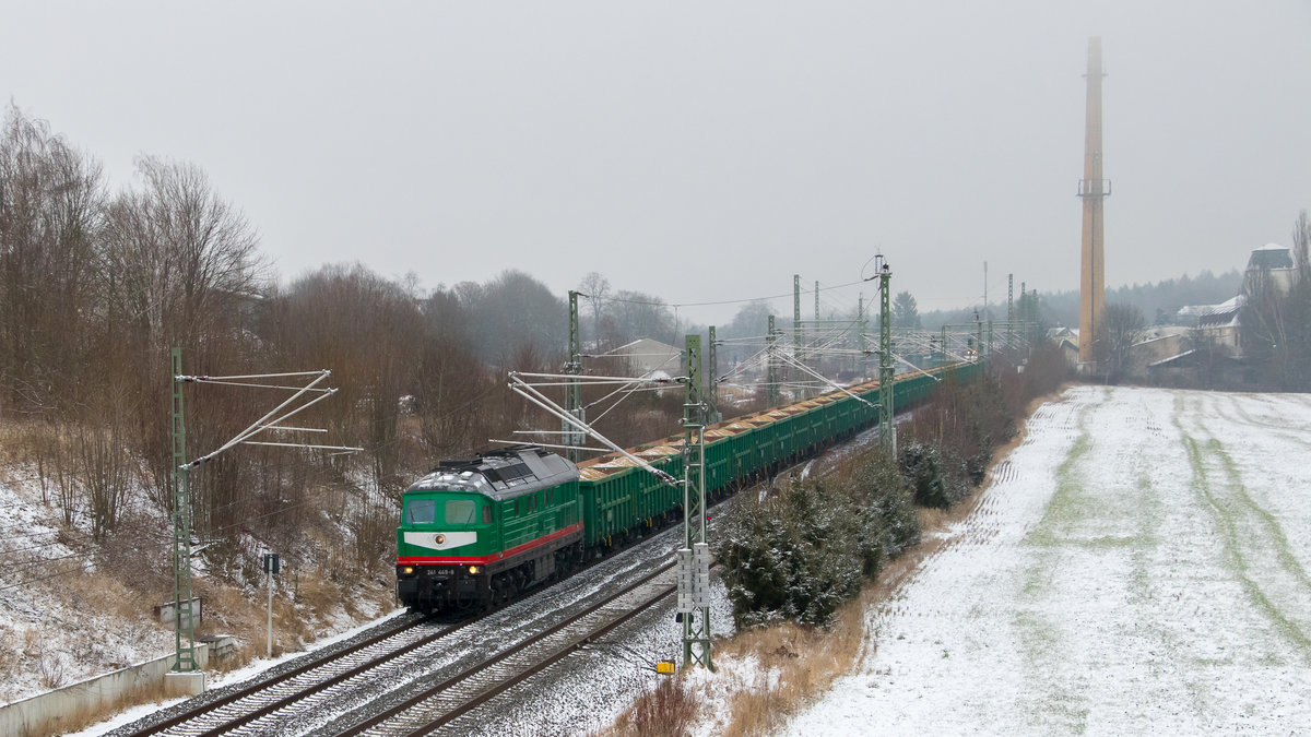 Mehltheuer am 4. Februar 2018. Die Starkenbergerin stört das Wetter wenig. 241 449-8 war es an dem Tag. 