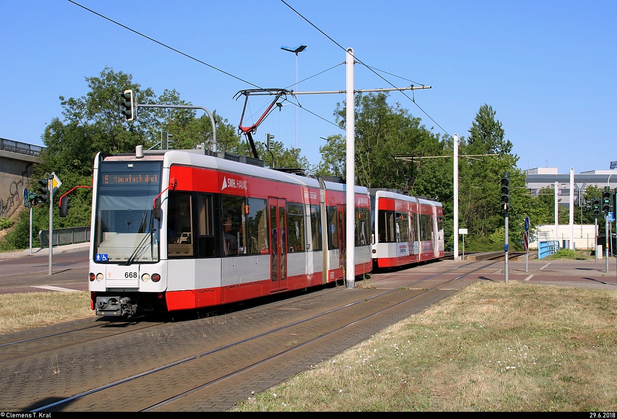 MGT-K (Bombardier Flexity Classic), Wagen 668 und Wagen 6??, der Halleschen Verkehrs-AG (HAVAG) als Linie 9 von Göttinger Bogen nach Hauptbahnhof erreichen die Haltestelle Glauchaer Platz.
[29.6.2018 | 9:12 Uhr]