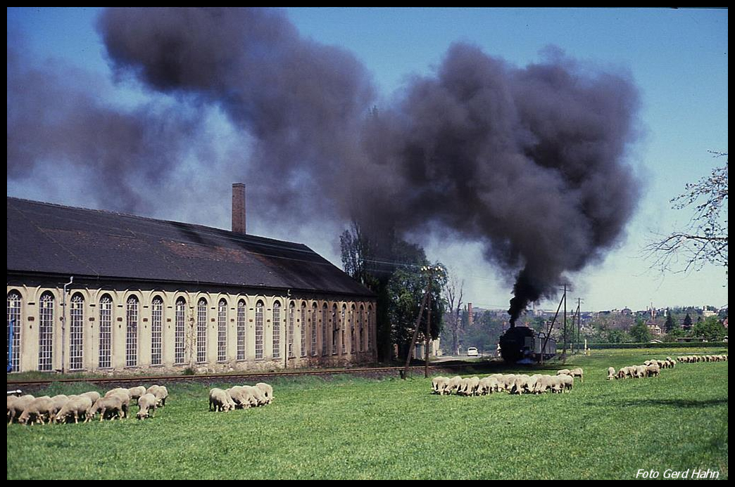 Mit dicker schwarzer Rauchfahne kündigte sich am 2.5.1990 die 991761 bei der Fahrt nach Bertsdorf mit ihrem Personenzug 14180 kurz vor Olbersdorf an.