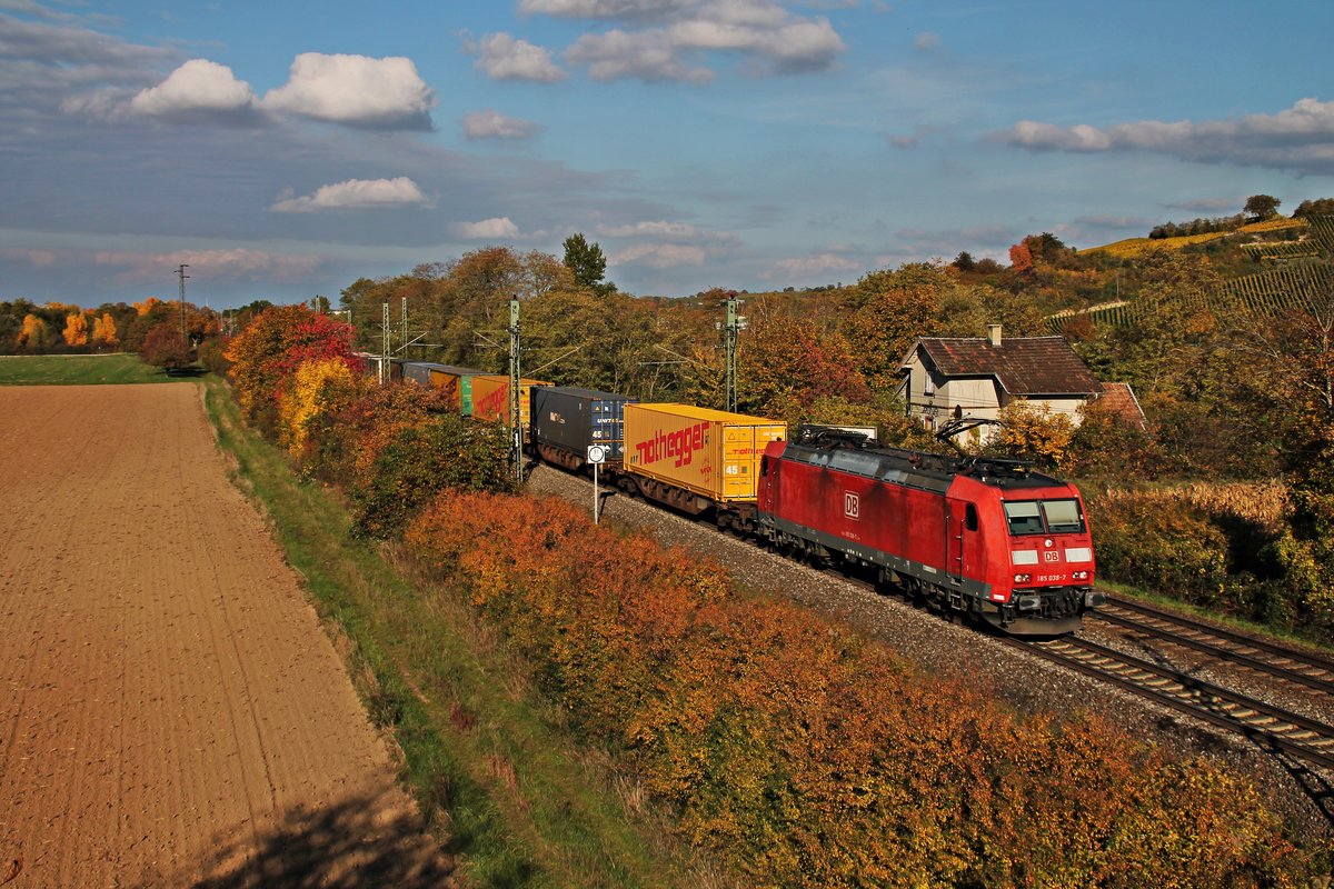Mit einem Containerzug fuhr am 25.10.2015 die 185 038-7 südlichen von Müllheim (Baden) in Richtung Schweizer Grenze.
