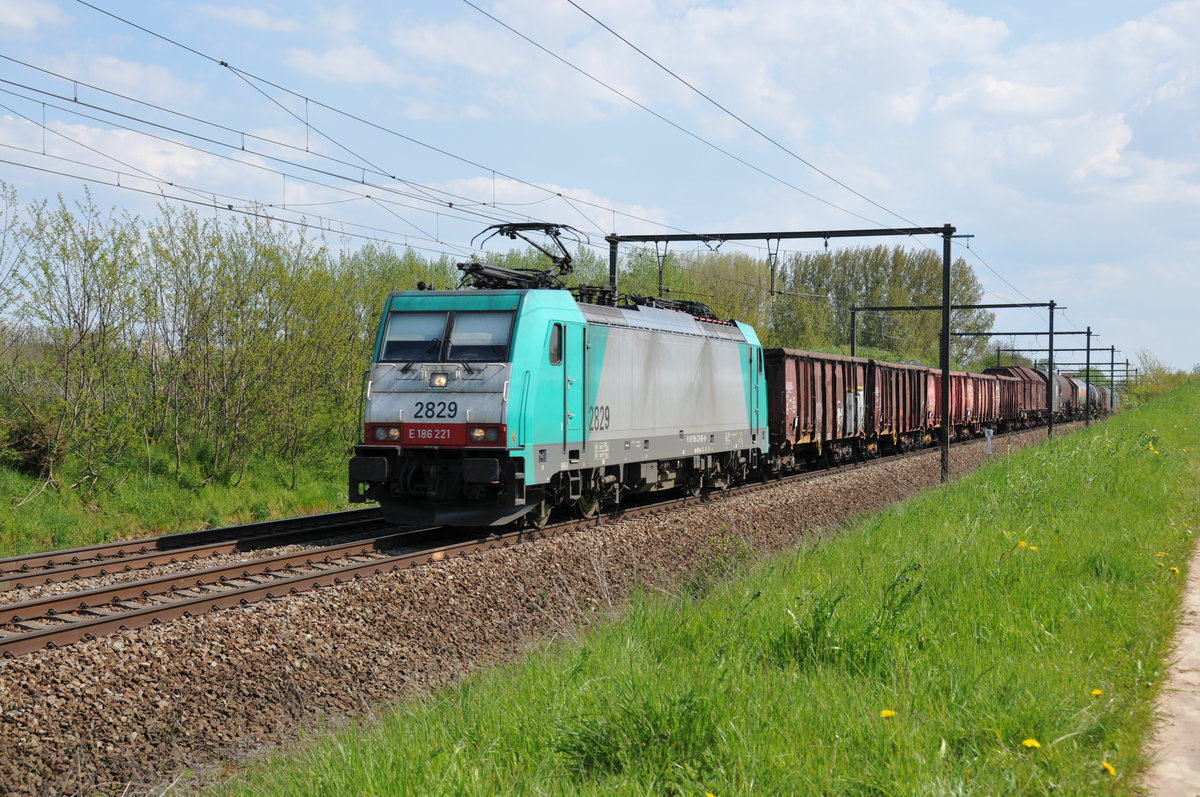 Mit einem gemischten Güterzug am Haken rollt Cobra-Lok 2829 (186 221) Richtung Hasselt. Aufgenommen am 07/05/2016 in Hoeselt.