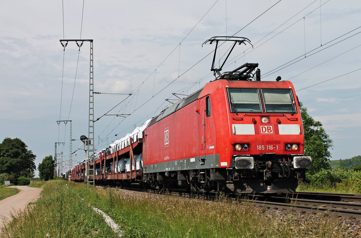 Mit einem gemischten Güterzug (Mannheim Rbf - Chiasso Smistamento) fuhr am Nachmittag des 02.06.2017 die 185 116-1 nördlich von Müllheim (Baden) durchs Rheintal in Richtung Basel.