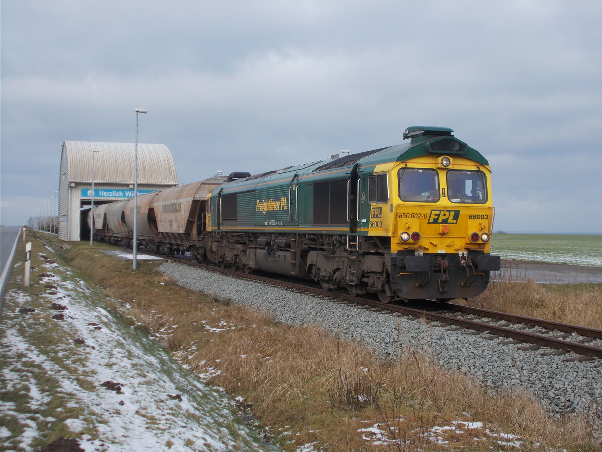 Mit französsischen Getreidewagen stand,am 12.Februar 2018,die FPL 650 002,in der Greifswalder Verladestation Vierow.