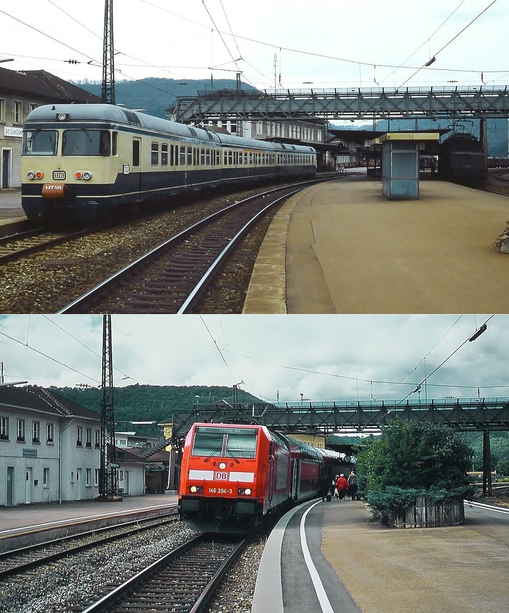 Mit nur fünf Exemplaren gehörten die ET 27 zu den Splittergattungen der DB, sie konnten sich aber immerhin bis 1986 im Stuttgarter Vorortverkehr halten. Auf der oberen Aufnahme vom Februar 1985 steht 427 104 abfahrbereit im Bahnhof Geislingen/Steige, darunter präsentiert sich im Juni 2011 der moderne Regionalverkehr mit 146 204-3 vor einem RE nach Lindau.