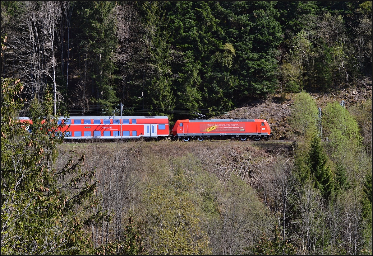 Mitten im Schwarzwald. In den Scheiben der Wägen und den  Bremsscheiben  der Lok spiegelt sich der blaue Himmel. Die Rheintalbahnlok 146 116 muß immer noch auf der Schwarzwaldbahnrampe schuften, obwohl die meisten 146.2 zurückgekehrt sind. Zwischen Gremmelsbach(er) Tunnel und Gaislochtunnel, Triberg, April 2015.