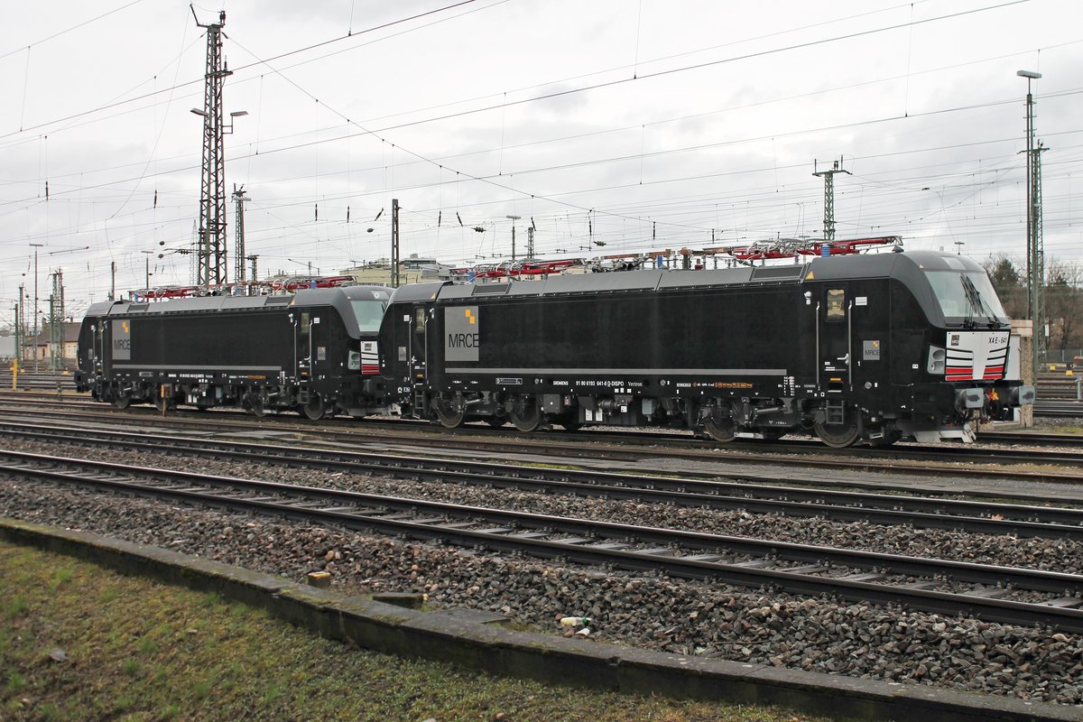 MRCE X4 E-641 (193 641-8) stand am 28.02.2017 zusammen mit der Schwestermaschine X4 E-642 (193 642-6) abgestellt im südlciehn Vorfeld vom Badischen Bahnhof von Basel und warteten dort auf ihre Überführung nach CHiasso. Heute sind beide Maschinen für Mercitalia in Italien unterwegs.