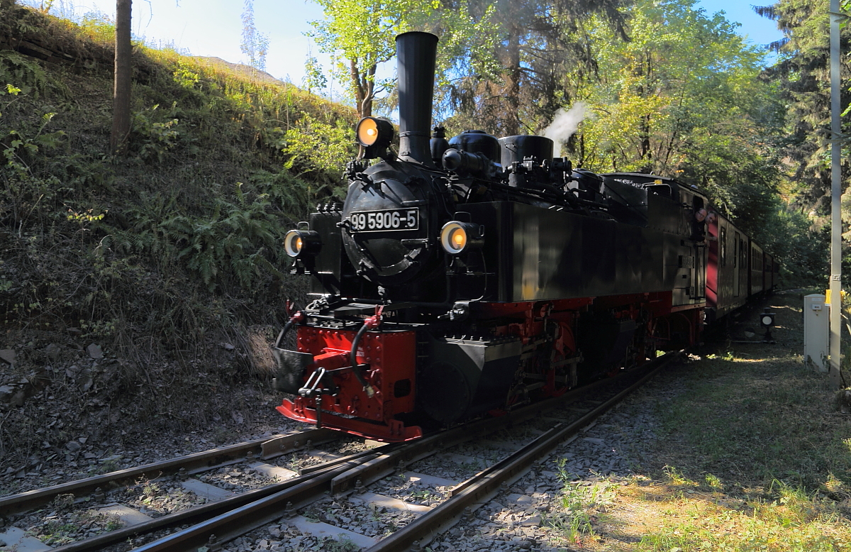 Nach dem Umstellen der Weiche, fährt 99 5906 mit ihrem Jubiläumssonderzug nun in das Anschlußgleis des Unterberger Steinbruches ein. Danach wird die Weiche zurückgestellt und der Zug per Gleissperre eingeschlossen. Erst dann kann der entgegenkommende Planzug passieren.