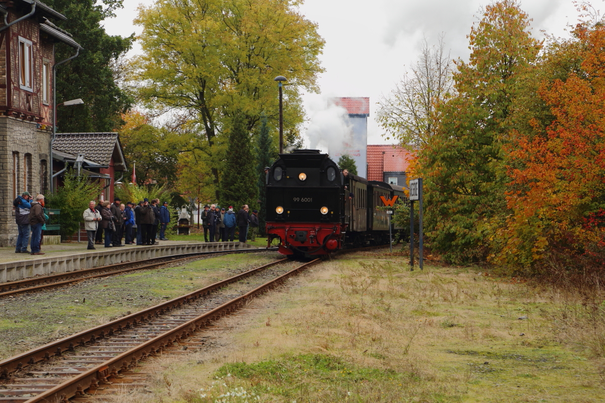 Nachdem 99 6001 am 18.10.2015 ihren IG HSB-Sonderzug aus dem Bahnhof Harzgerode geschoben hat, fährt sie jetzt auf Gleis 2 wieder in denselben ein. Es folgt eine längere Pause, bei welcher die Lok u.a. auch bekohlt wird. (Bild 1)