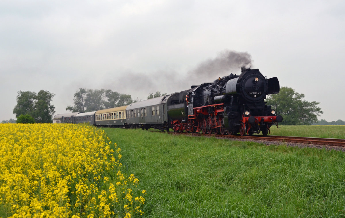 Nachdem am 12.05.18 in Oranienbaum mit dem Triebwagen der DWE gekreuzt wurde konnte 52 8154 ihre Fahrt nach Wörlitz fortsetzen. Hier erreichen die Leipziger Eisenbahnfreunde soeben Wörlitz.