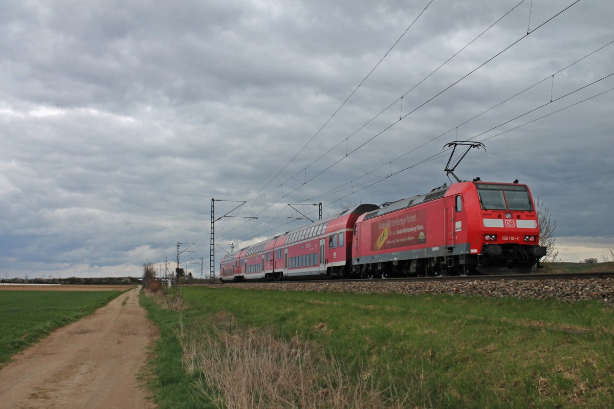 Nachschuss am 23.03.2014 auf 146 110-2  Baden-Württemberg erfahren  mit einem RE nach Offenburg zwischen Müllheim (Baden) und Buggingen.