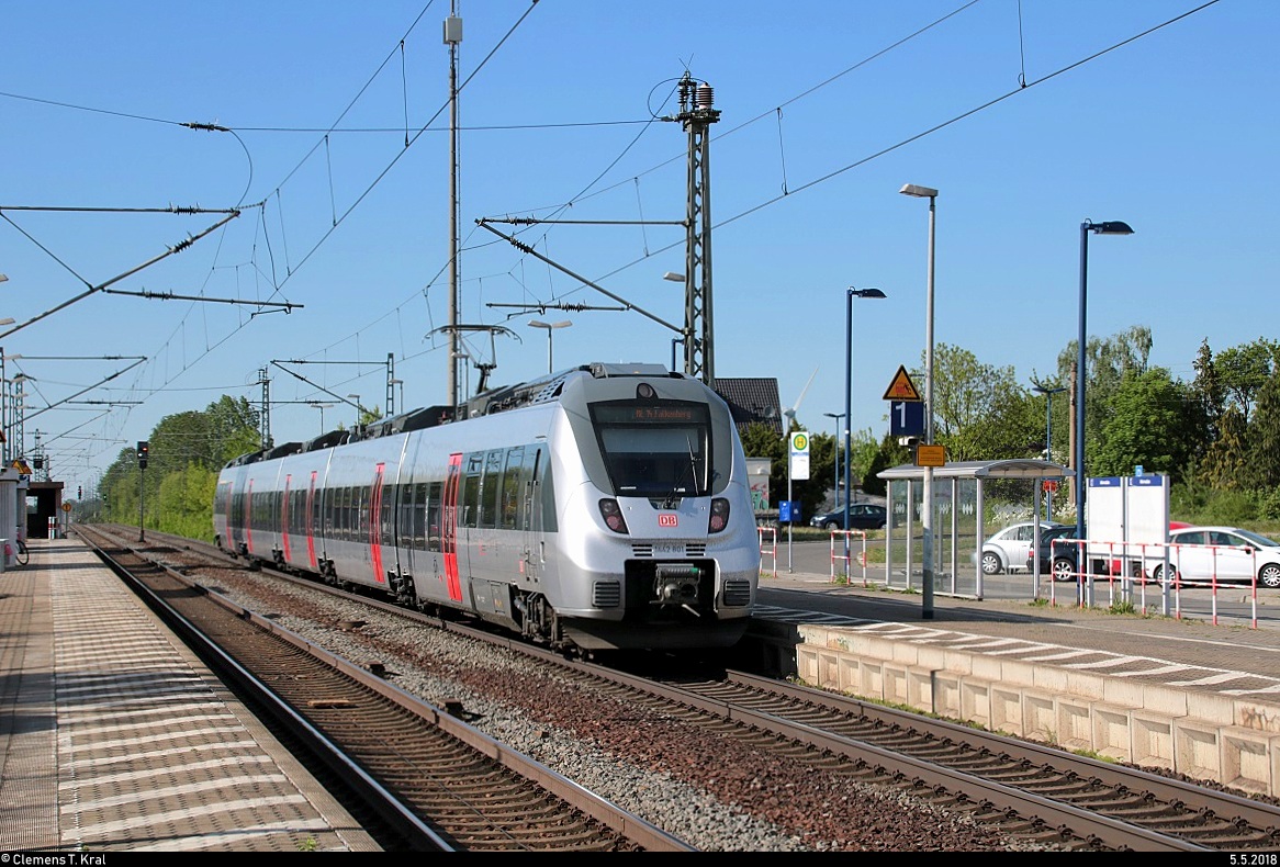 Nachschuss auf 1442 801 (Bombardier Talent 2) der S-Bahn Mitteldeutschland (MDSB II | DB Regio Südost) als S 37256 (S2) von Leipzig-Stötteritz nach Lutherstadt Wittenberg Hbf bzw. RE14 von Leipzig-Stötteritz nach Falkenberg(Elster), später als RB 16141 (RB51) von Lutherstadt Wittenberg Hbf nach Falkenberg(Elster), die den Bahnhof Rackwitz(Leipzig) auf der Bahnstrecke Trebnitz–Leipzig (KBS 251) durchfährt. [5.5.2018 | 17:05 Uhr]