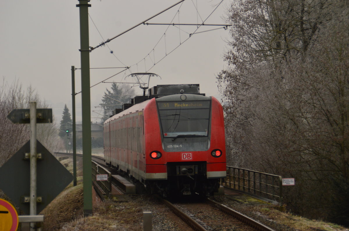 Nachschuß auf den 425 124-5 der nach Waibstadt aus Neckarbischofsheim-Nord ausfährt. 31.12.2016