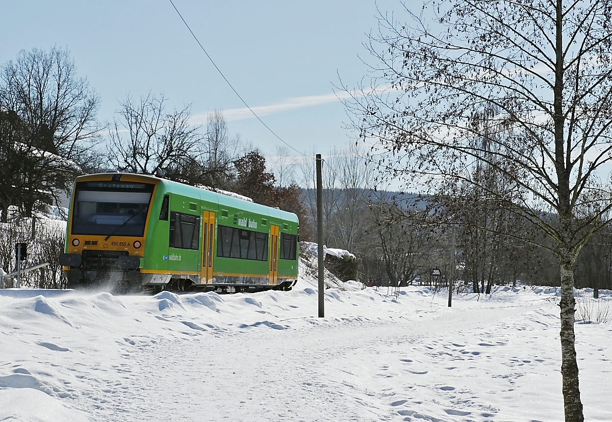 Nachschuss auf 650 650 in Frauenau, der am 15.02.2019 von Zwiesel nach Grafenau fährt