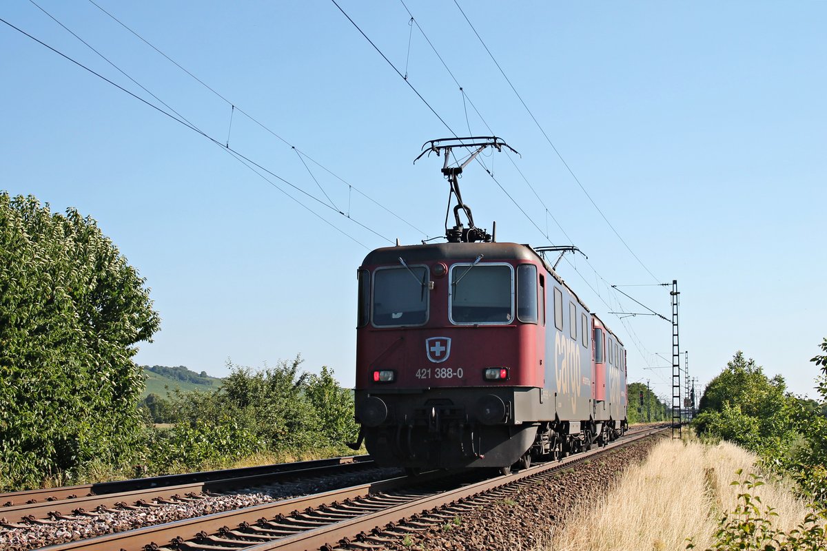 Nachschuss auf Re 421 388-0 und Re 421 374-0, welche am 10.07.2015 zusammen als Lz bei Hügelheim in Richtung Basel fuhren.