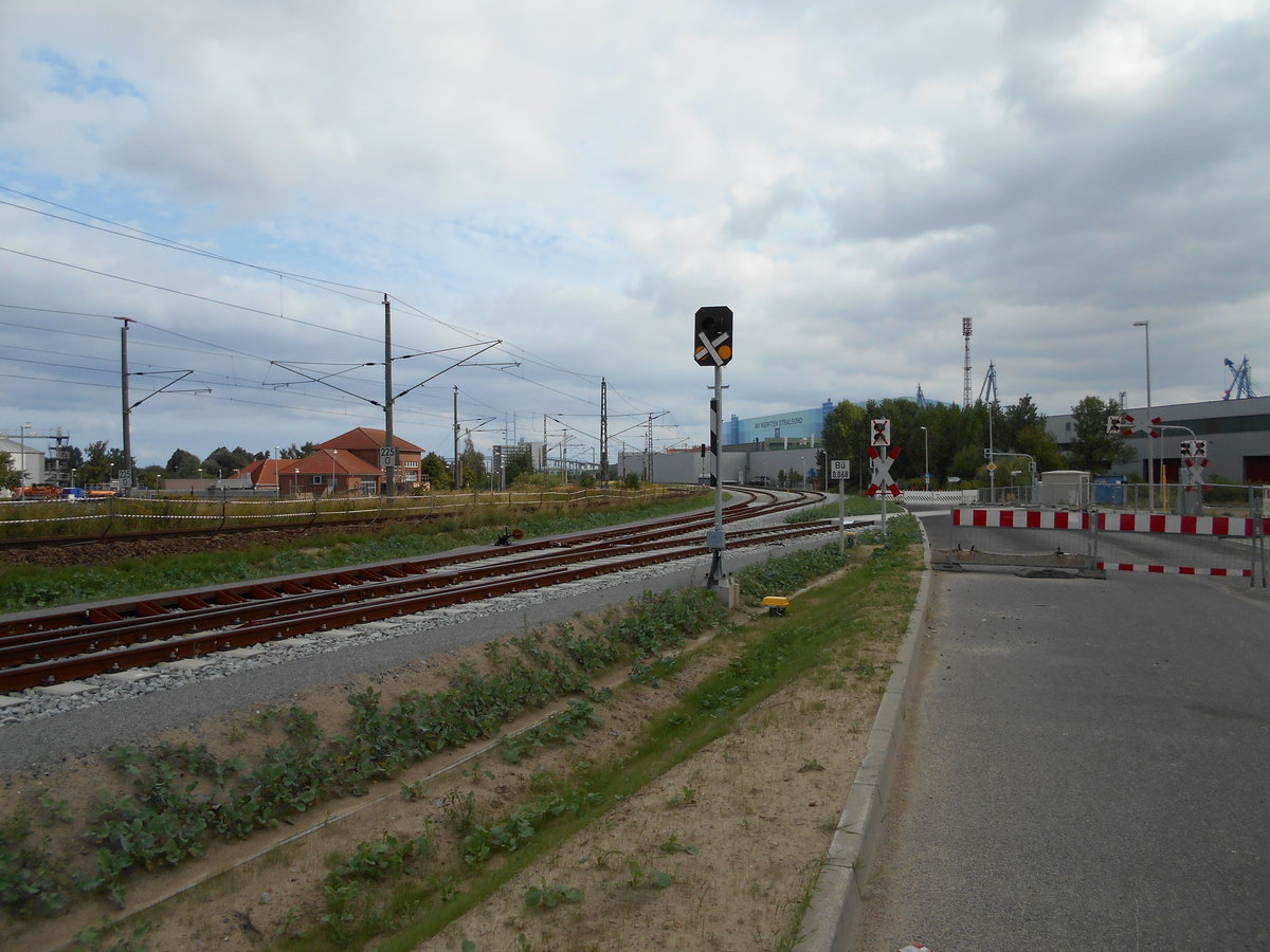 Noch durchkreuzt das Wegübergangssignal zum Stralsunder Frankenhafen.Aufnahme vom 19.August 2018.