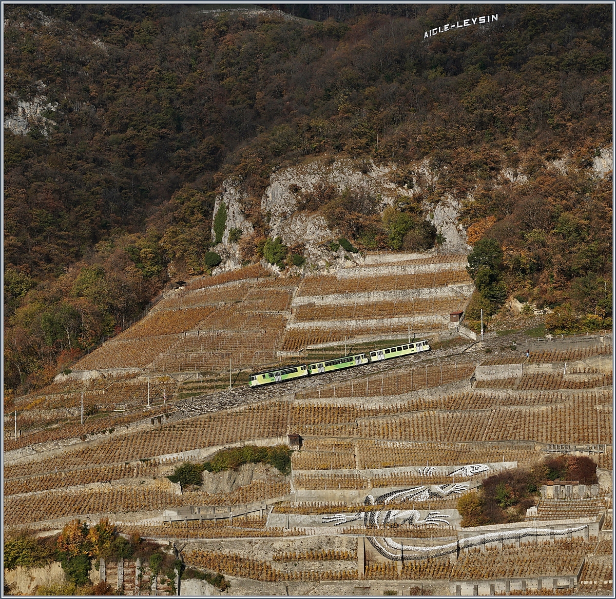 Oberhalb einer in die Wein-Terrassen-Stützmauern eingearbeiteten Eidechse fährt der AL Regionalzug 352 bergwärts nach Leysin.
18. Nov. 2018