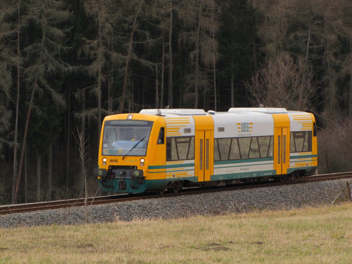 ODEG VT 650.73 als EB 80943 von Weimar nach Kranichfeld, am 05.03.2015 bei Holzdorf (b Weimar).
