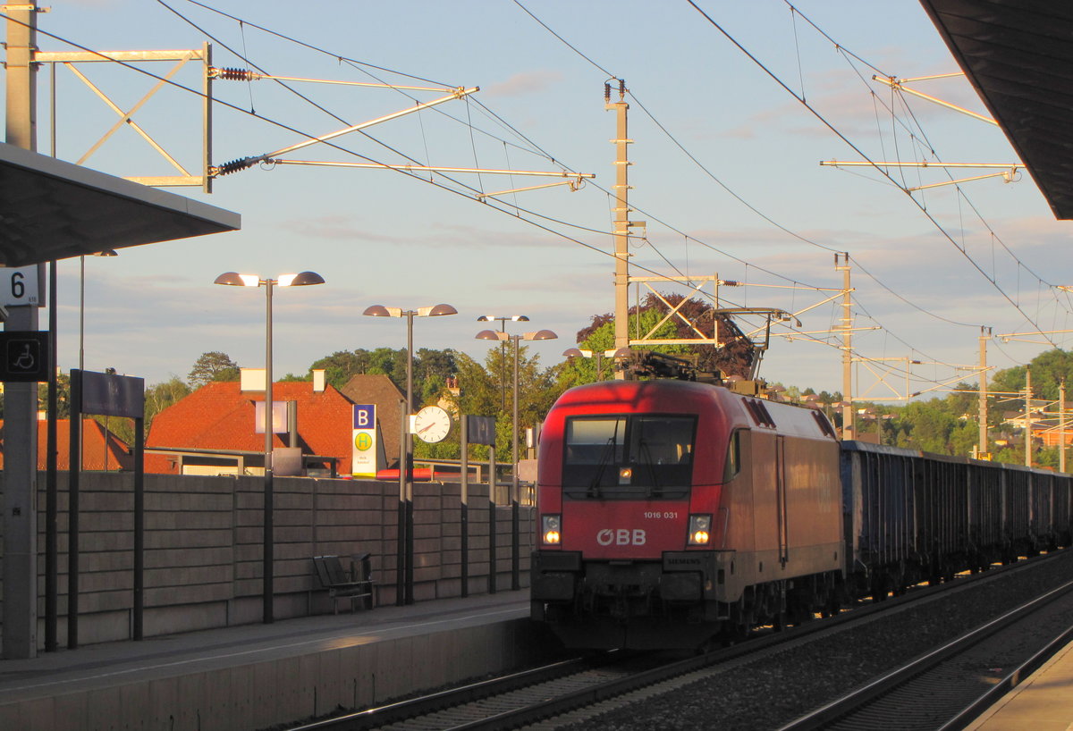 ÖBB 1016 031 mit einem Güterzug Richtung St. Valentin, am 31.05.2016 in Melk.