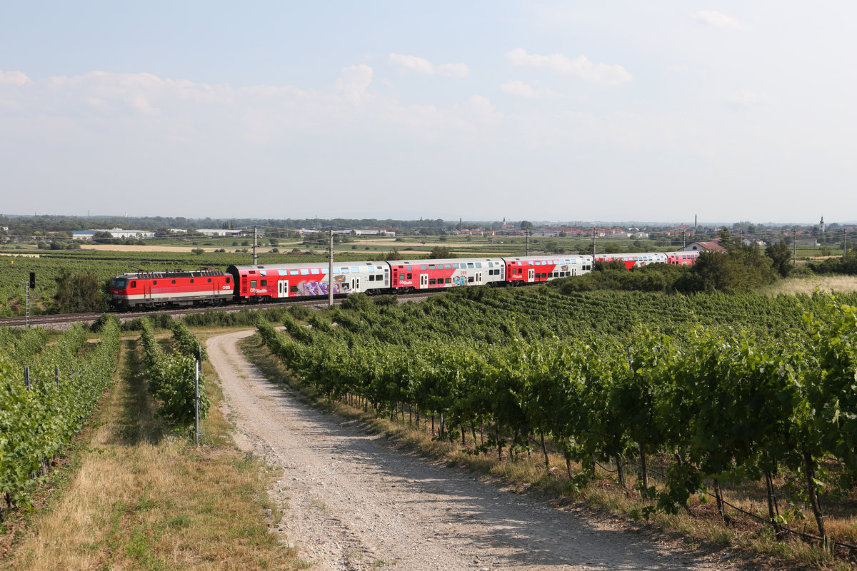 Panoramafoto mit einen verkehrt stehenden Reg. mit der 1144.262 in den Weinbergen bei Pfaffstätten. 24.6.17