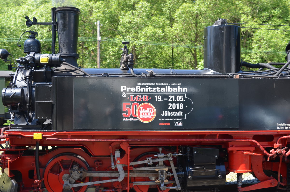 Preßnitztalbahn - Museumsbahn Steinbach – Jöhstadt: Detail an der Sächs. IV K 99 1568-7 in Schlössel (Fest: LGB/Märklin und der Verlagsgruppe Bahn das Jubiläum  50 Jahre LGB ) 21.05.2018