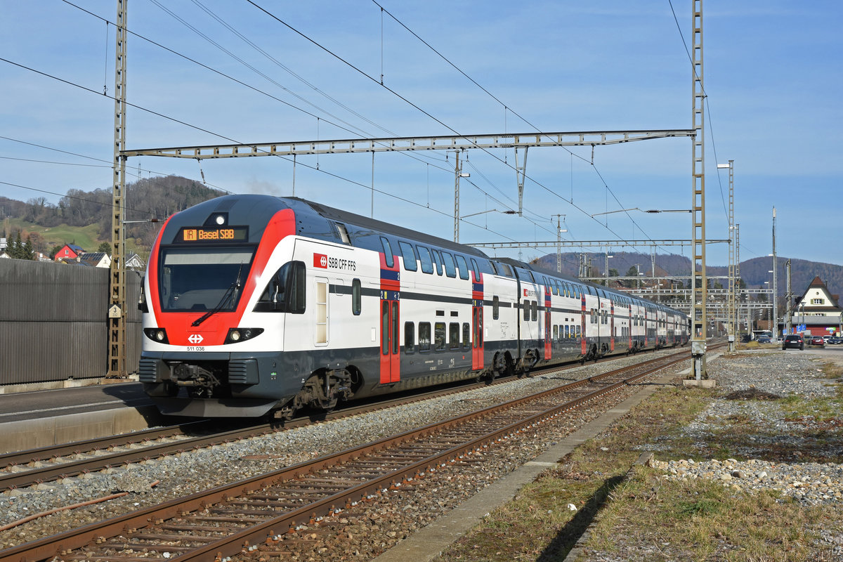 RABe 511 036 durchfährt den Bahnhof Gelterkinden. Die Aufnahme stammt vom 23.02.2019.