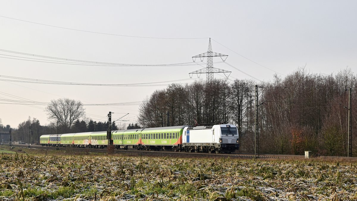 Railpool 193 813, an BTE vermietet, mit FLX 1800 Köln Hbf - HH-Altona (Marl, NI, 04.02.19).