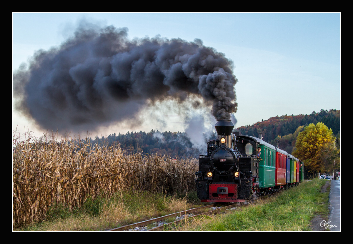 Rauchzeichen - Dampflok 764.411R bei der Ausfahrt mit dem  Flascherlzug , aus der Haltestelle Kraubath. 
29.10.2016