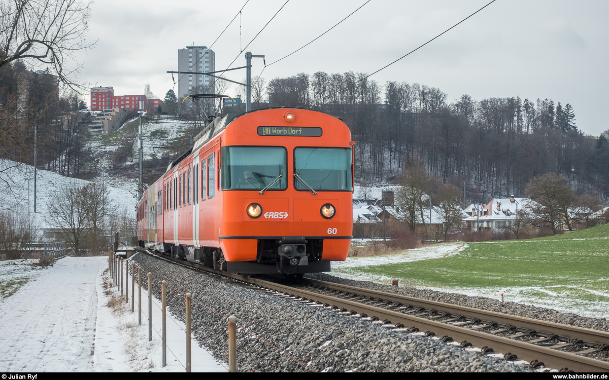 RBS Mandarinli Be 4/12 60 am 6. Januar 2019 als S7 Bern - Worb Dorf zwischen Deisswil und Stettlen.