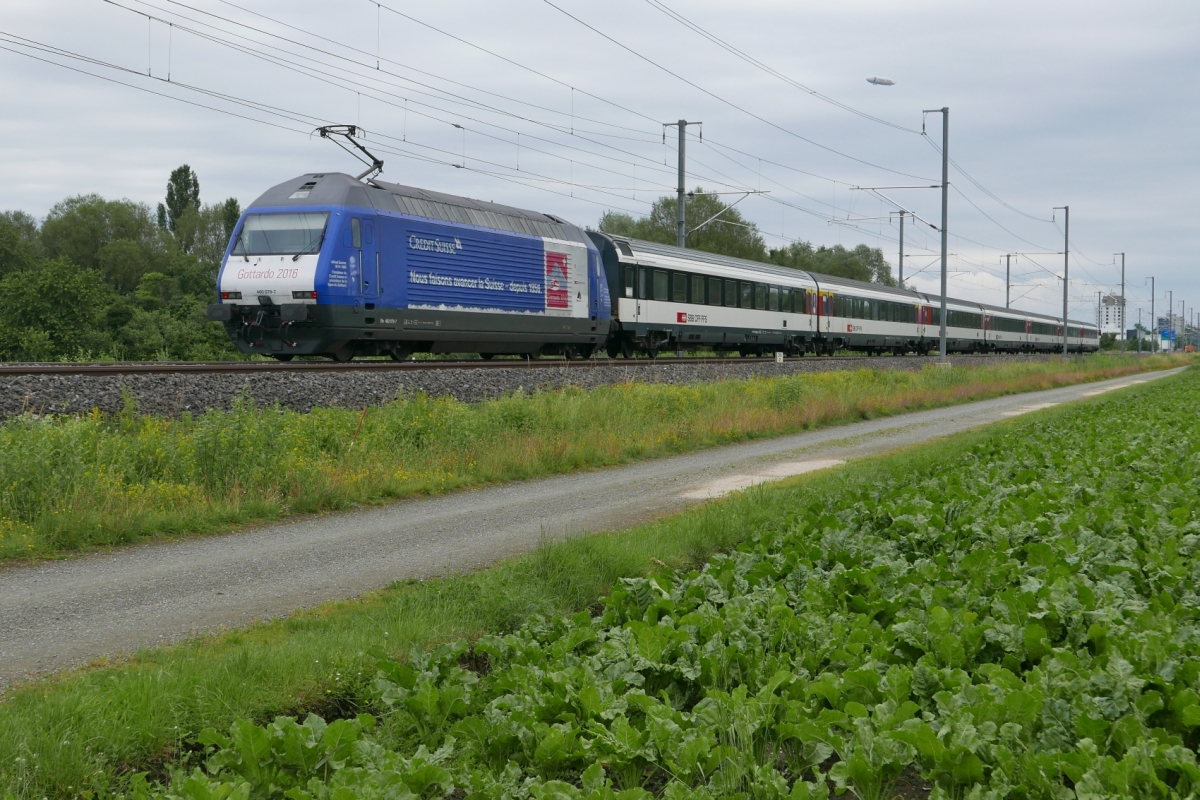 Re 460 079-7 mit dem IR 2115, Zürich - Konstanz, erreicht in Kürze den vorletzten Halt, Kreuzlingen. Tägermoos, 26.06.2016.